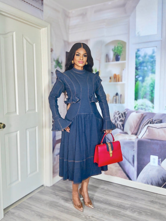 Structured Ruffle Denim Midi Dress