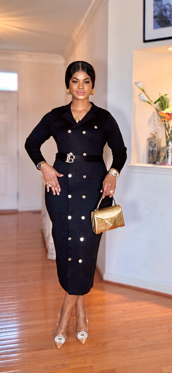 Royal Button Knit Belted Dress(Black)