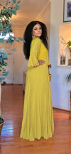 Belted Longsleeve pleated maxi dress(LEMON)