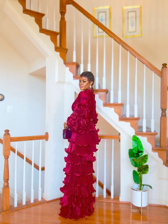 Burgundy Royal Ruffle Couture Gown