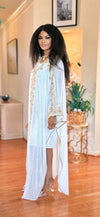 WHITE-GOLD LACE GEMSTONE KAFTAN DRESS