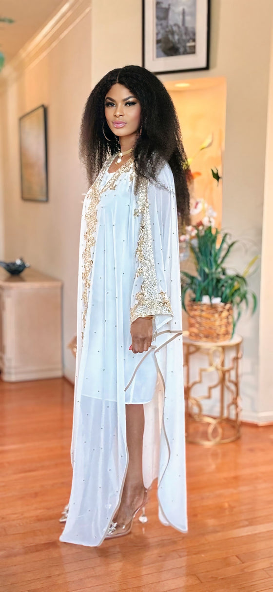 WHITE-GOLD LACE GEMSTONE KAFTAN DRESS