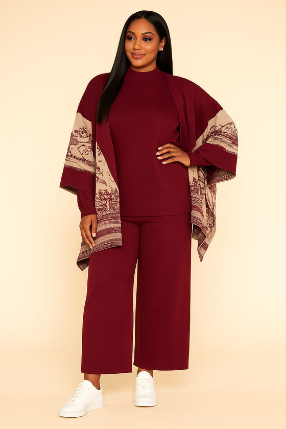 Luxury Knit 3-Piece Set with Printed Cape