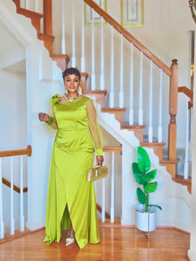  Lemon Luxe Couture Feather Sleeve Gown