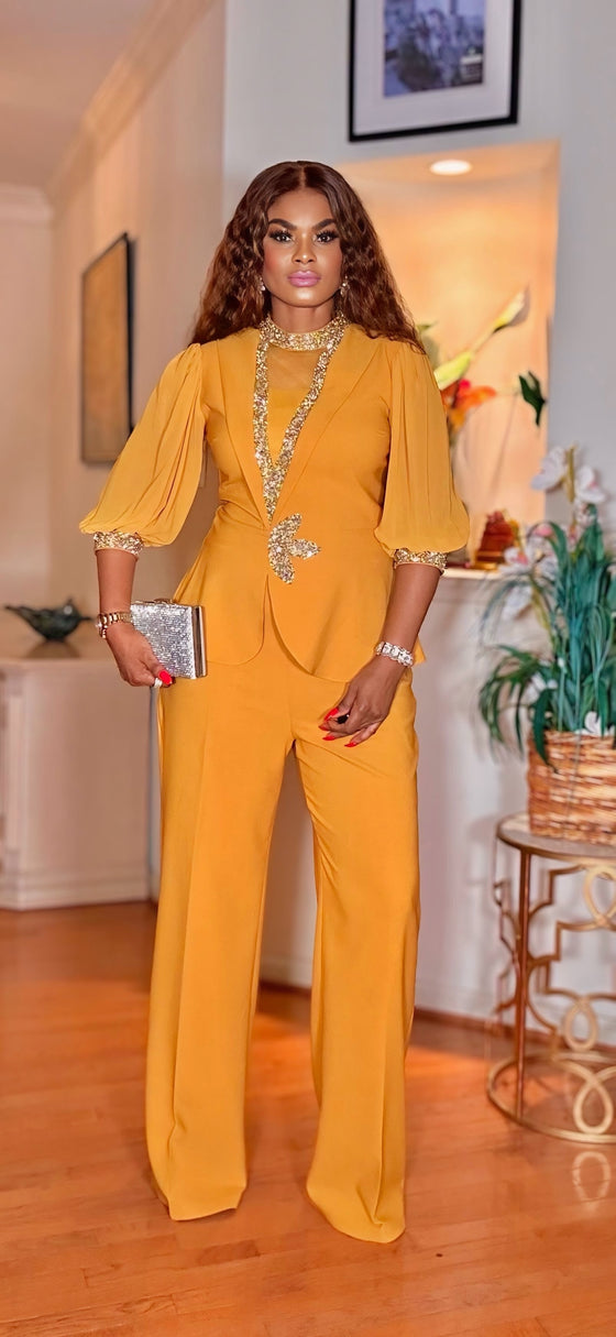 SHORTSLEEVED RHINESTONE PALAZZO PANT SET(MUSTARD)