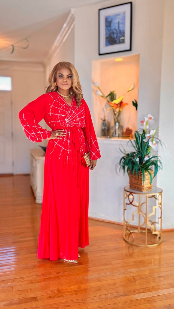 RHINESTONE BELTED LONG-SLEEVE MAXI DRESS (RED)