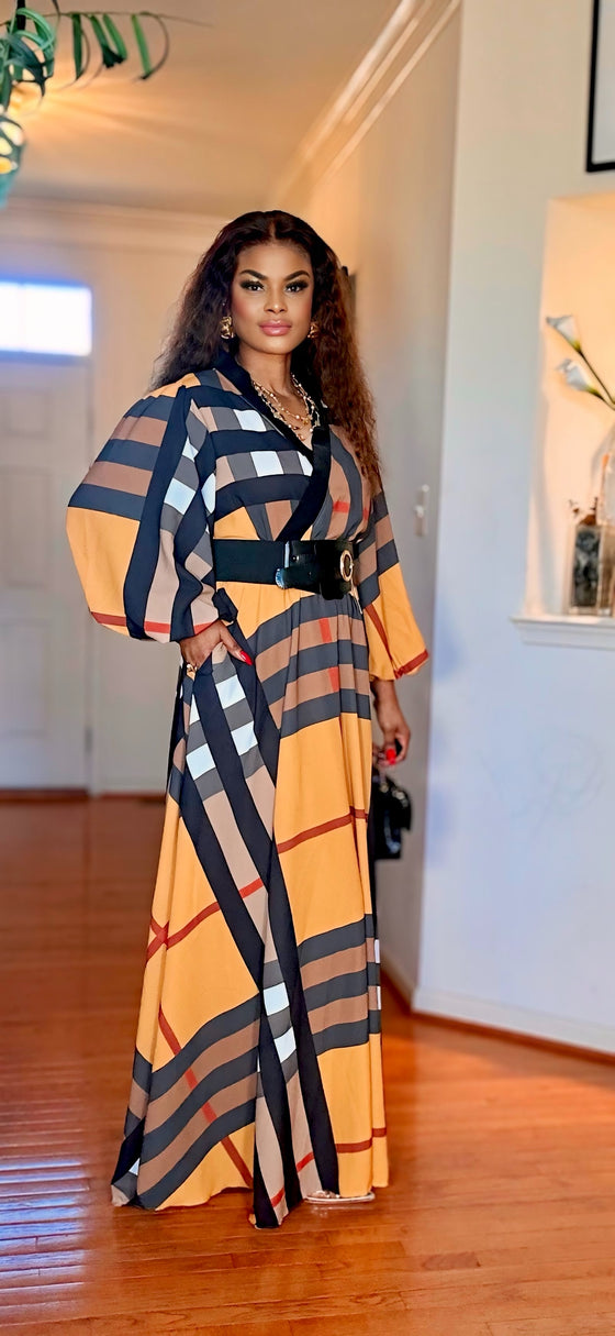 PLAID/BELTED FLOOR LENGTH MAXI DRESS