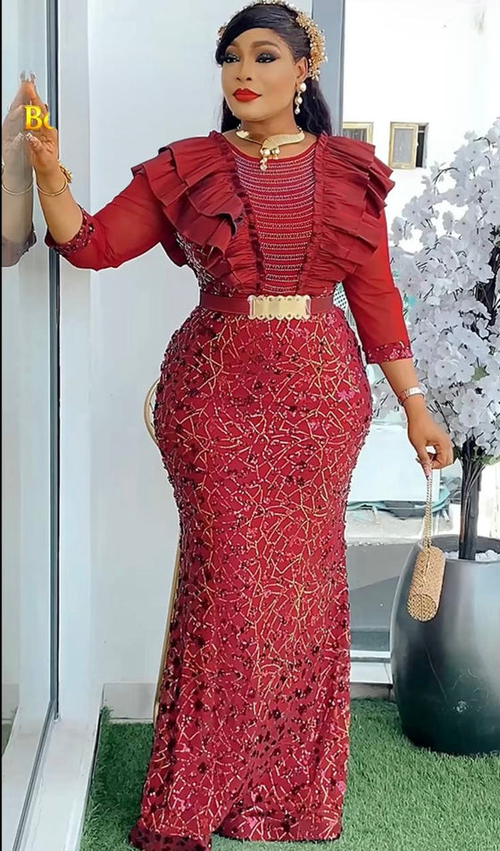 Burgundy couture Rhinestone Maxi dress– Made in Turkey