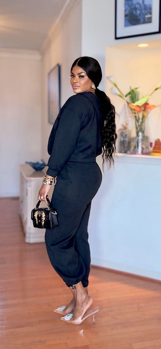 Black Luxe Half-Zip Jogger Set(Black)