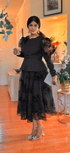 3PIECE FLORAL PUFFY SLEEVE TOP-SKIRT SET(BLACK)