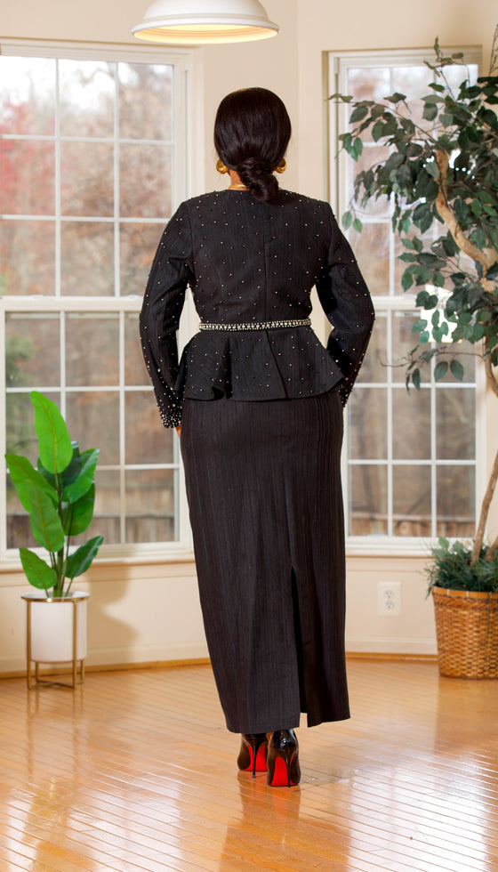 Beaded Rhinestone belted maxi dress(BLACK)