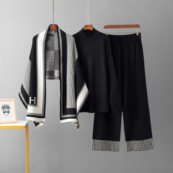 Black & White Houndstooth Trim Knit 3-Piece Sweater Set