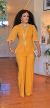 SHORTSLEEVED RHINESTONE PALAZZO PANT SET(MUSTARD)