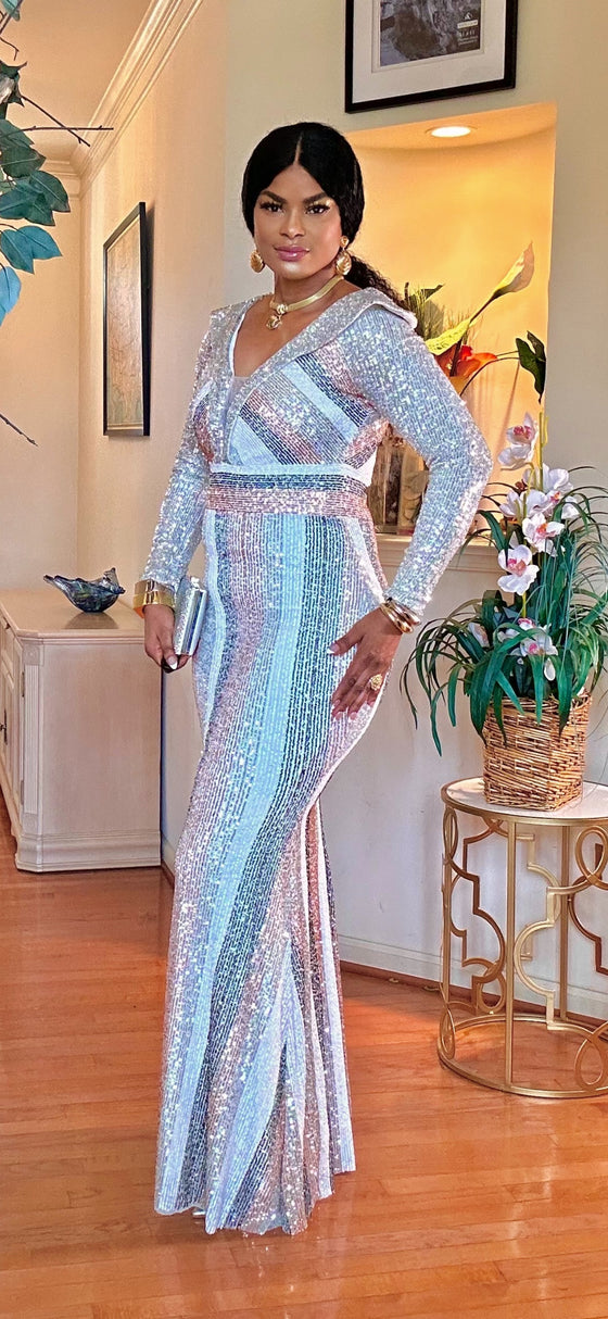 MULTI SQUINS LONGSLEEVE MAXI DRESS(MULTI SILVER)