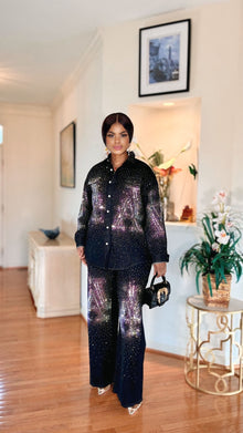  Starlight Initial Rhinestone Denim Set(Black)