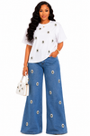Emerald Bloom Rhinestone Denim Pant Set