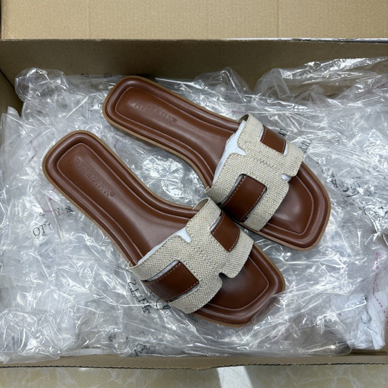 Tan & Canvas Square-Toe Slide Sandals