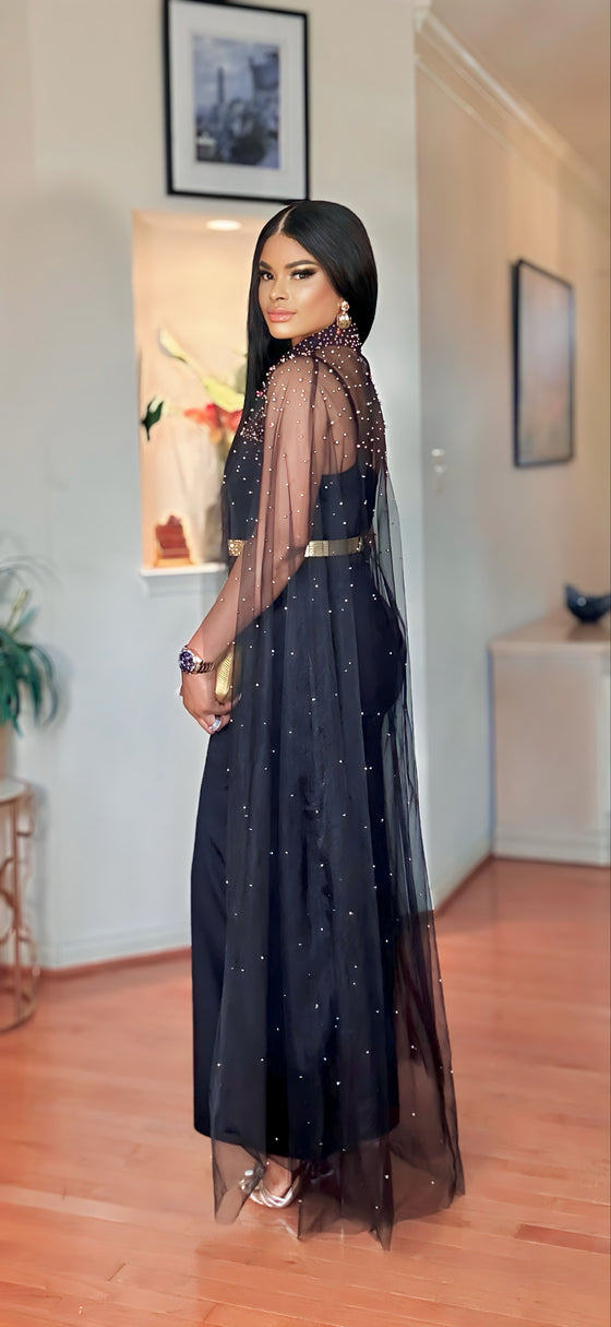 BEADED CAPE- BELTED MAXI DRESS(BLACK)