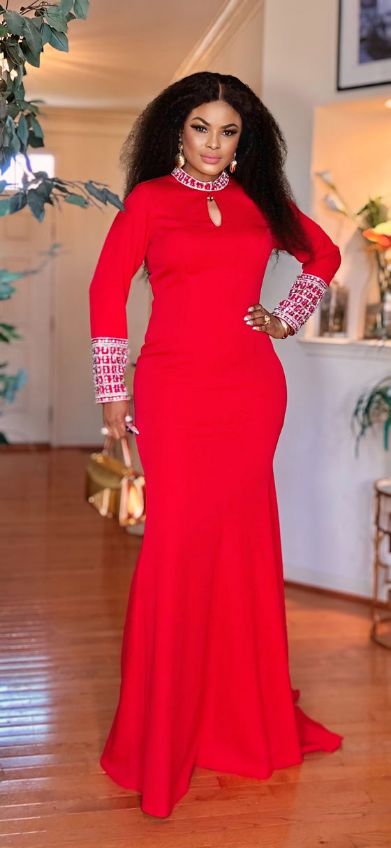 LONG-SLEEVE FLOOR LENGTH MAXI DRESS(RED)