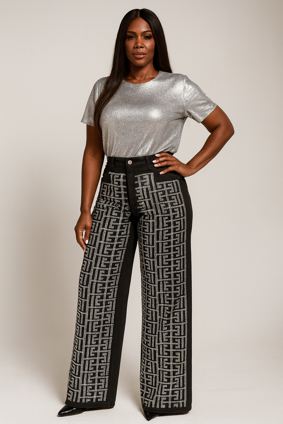 Crystal/ Rhinestone Wide-Leg Denim(Bottom)
