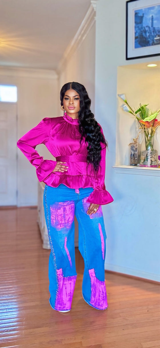 Pink/Blue Flame Studded Wide-Leg Denim(Bottom)