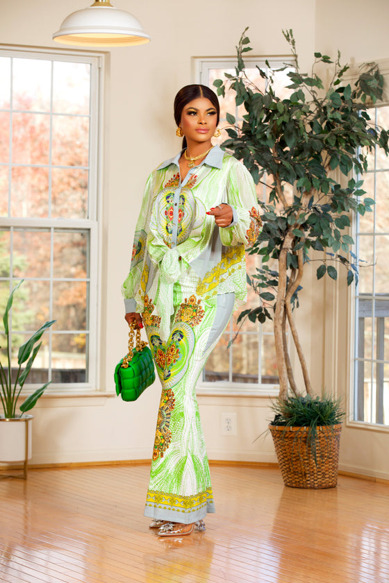 2PIECES BUTTON DOWN TOP/PALAZZO PANT(GREEN)