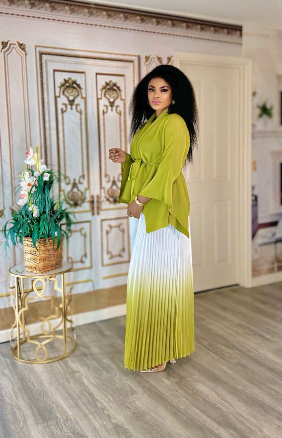 2 piece Ombré Miyaki / pleated skirt set.(white/Lemon)