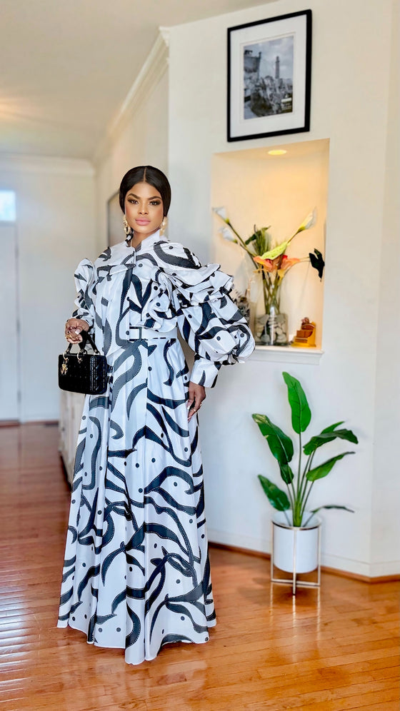 Monochrome Bow-Neck Bishop Sleeve Maxi Dress 🖤🤍