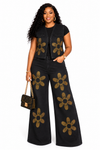 Golden Blossom Rhinestone Denim Set – Black