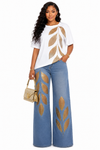 Golden Leaf Rhinestone Denim Pant Set