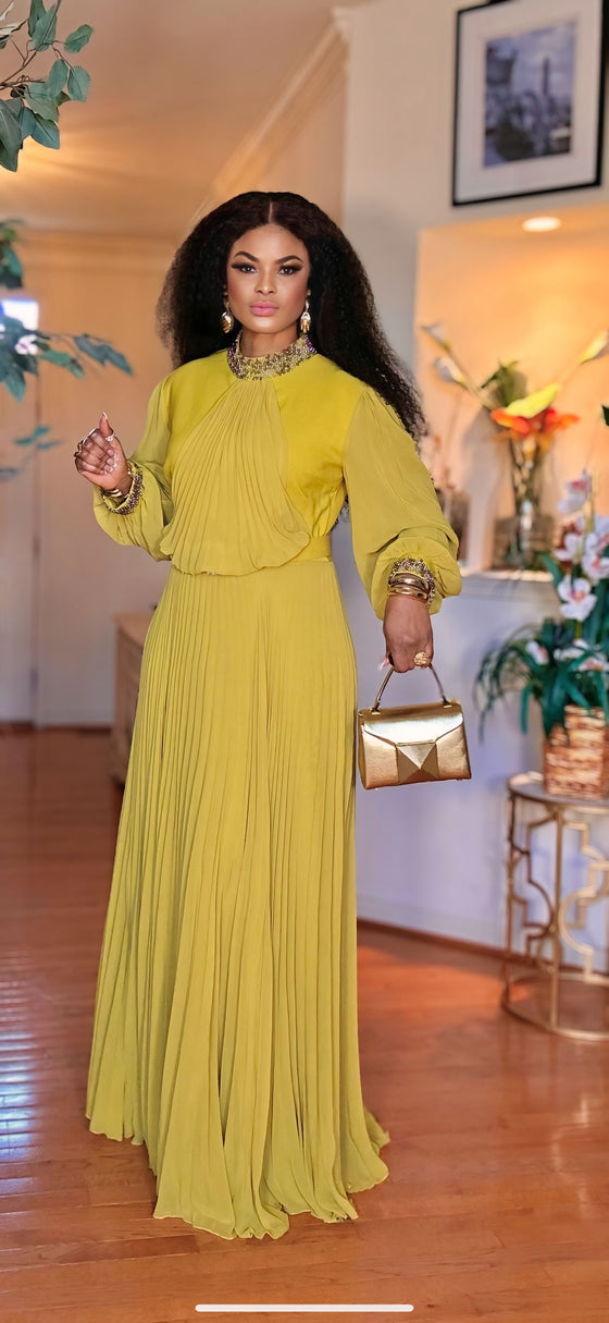 Belted Longsleeve pleated maxi dress(LEMON)