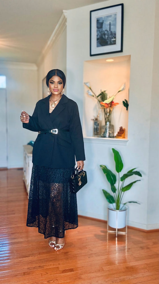 Belted Suit & Lace Skirt Set – Black Elegance