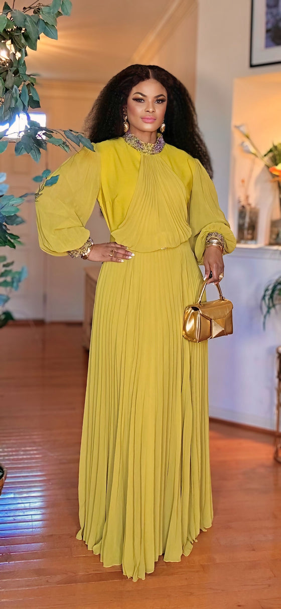 Belted Longsleeve pleated maxi dress(LEMON)