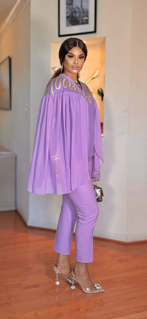 2 piece cape top/ pant set(lilac)