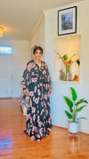 Floral Elegance Pleated Maxi Dress with Rhinestone Belt