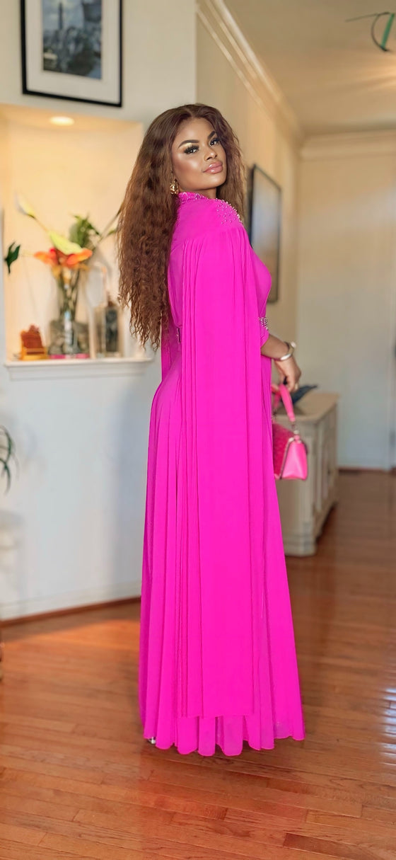 CAPE/FLOWY GEMSTONE BELTED DRESS(PINK)