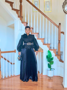  Black Luxe Sequin Peplum Pleated Skirt Set