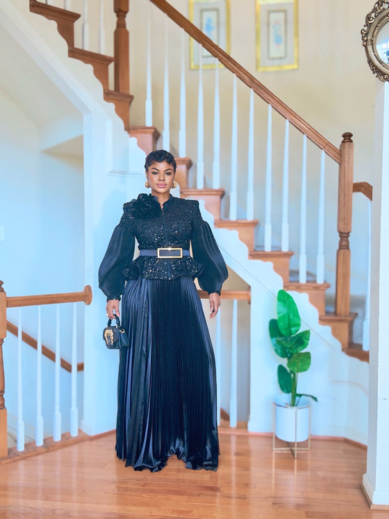 Black Luxe Sequin Peplum Pleated Skirt Set