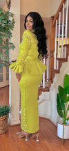 COUTURE FRONT ZIPPER RHINESTONE BLOUSE/SKIRT SET(LEMON)