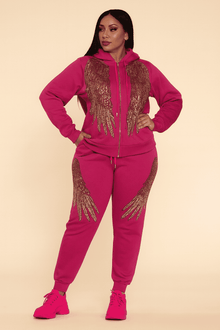 Angel Wings Sequin Jogger Set – Hot Pink