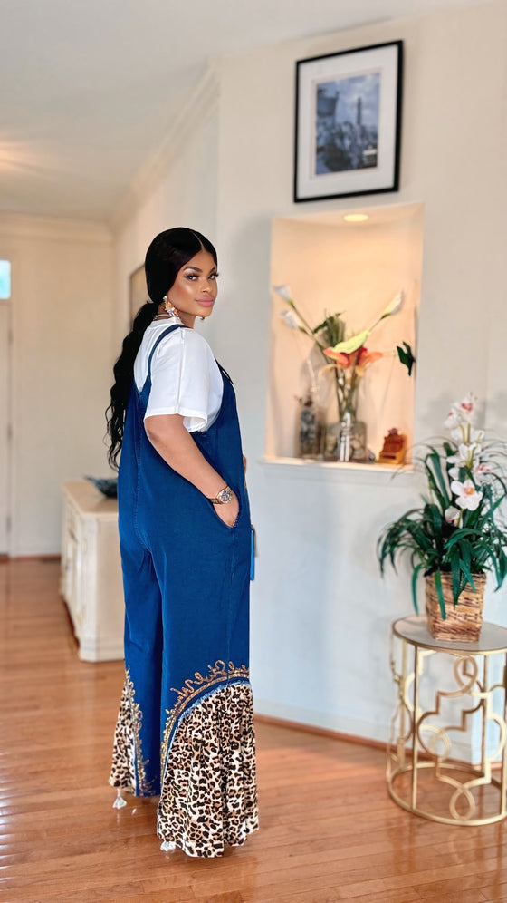 Wild Luxe Leopard Denim Jumpsuit Set(Blue-White)