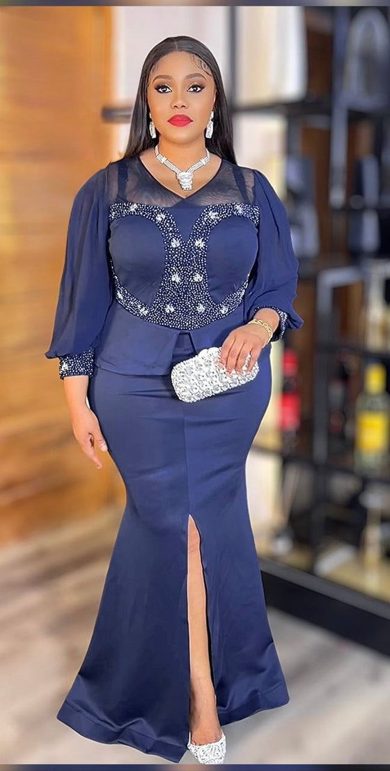 Midnight Elegance Pearl-Embellished Maxi Dress – Navy | Made in Turkey