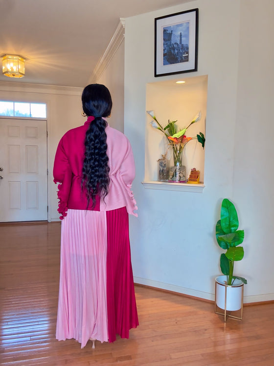 Two-Tone Rose MIYAKI Pleated Skirt Set(Pink-Wine)