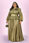 Olive Gold Luxe Sequin satin Peplum Pleated Skirt Set