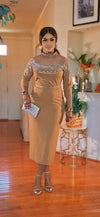 Rhinestone belted midi dress(Brown)