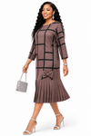 Madison Pleated Bow Midi Dress(Brown)