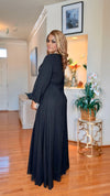 Rhinestone-Belted Long sleeve maxi dress(BLACK)