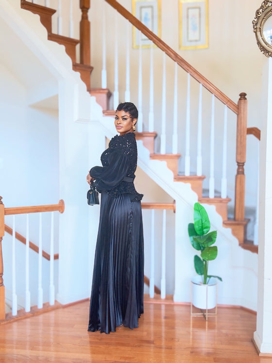 Black Luxe Sequin Peplum Pleated Skirt Set