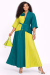 Two-Tone Royal MIYAKI Pleated Skirt Set(GREEN/LEMON)
