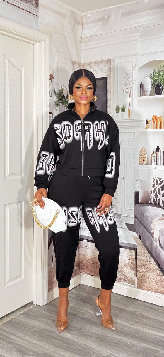 Glam Varsity Sequin Jogger Set(Black)